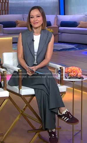 Eva's grey vest and pants on Good Morning America