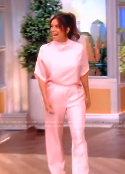 Eva Longoria's pink satin top and pants on The View