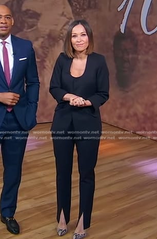 Eva's navy scoop neck blazer and front slit pants on Good Morning America