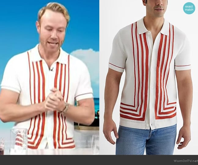 Express Striped Border Cotton Short Sleeve Sweater Polo worn by Paul Zahn on Access Hollywood