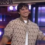 Ezra Frech’s brown printed bomber jacket on The Kelly Clarkson Show