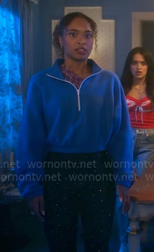 Faran's blue quarter-zip sweatshirt on Pretty Little Liars Original Sin