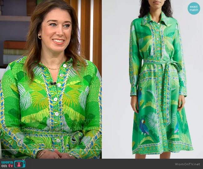 FARM Rio Macaw Scarf Print Shirtdress worn by Sarah Gelman on CBS Mornings