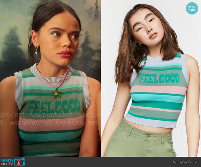 Forever 21 Feel Good Graphic Sweater-Knit Top worn by Minnie 'Mouse' Honrada (Malia Pyles) on Pretty Little Liars Original Sin