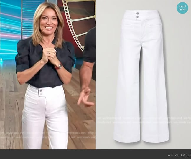 Frame Le Hardy high-rise wide-leg jeans worn by Kit Hoover on Access Hollywood