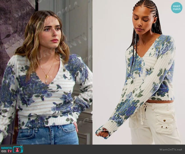 Free People Bed Of Roses Sweater in Midnight Moon Combo worn by Holly Jonas (Ashley Puzemis) on Days of our Lives