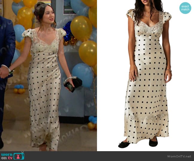 Free People Butterfly Babe Polka Dot Cutout Maxi Dress in Tea Combo worn by Sophia (Madelyn Kientz) on Days of our Lives