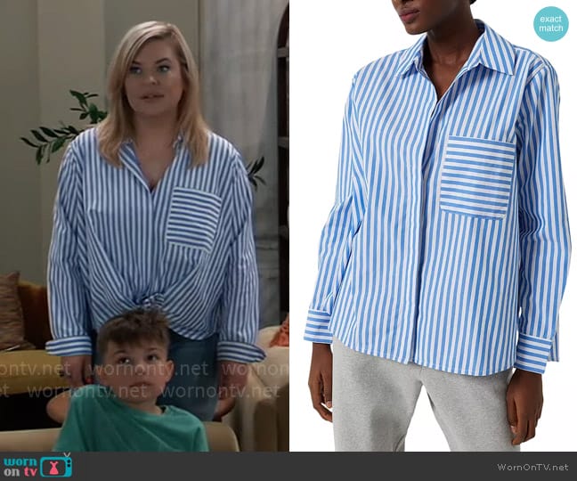 French Connection Relaxed Popover Shirt in Blue worn by Maxie Jones (Kirsten Storms) on General Hospital