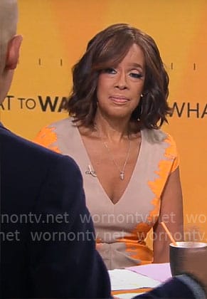 Gayle King's beige and orange v-neck dress on CBS Mornings