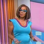 Gayle King’s turquoise blue dress with embroidered trims on CBS Mornings