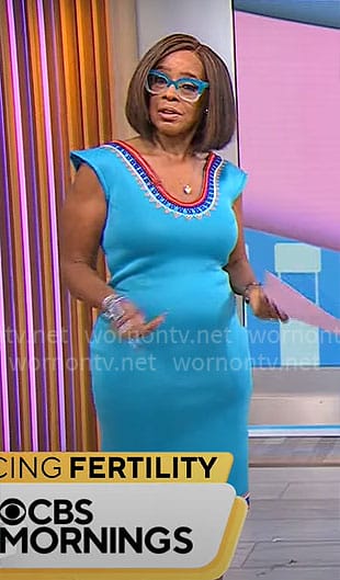 Gayle King's turquoise blue dress with embroidered trims on CBS Mornings