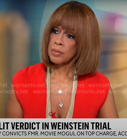 Gayle King's red v-neck sheath dress on CBS Mornings
