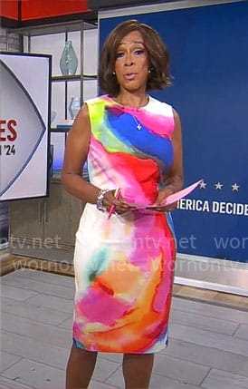 Gayle King’s watercolor print sheath dress on CBS Mornings