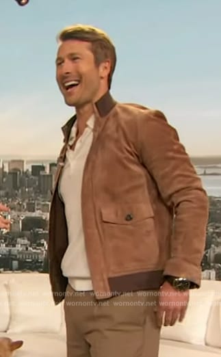 Glen Powell’s brown suede jacket on The Drew Barrymore Show