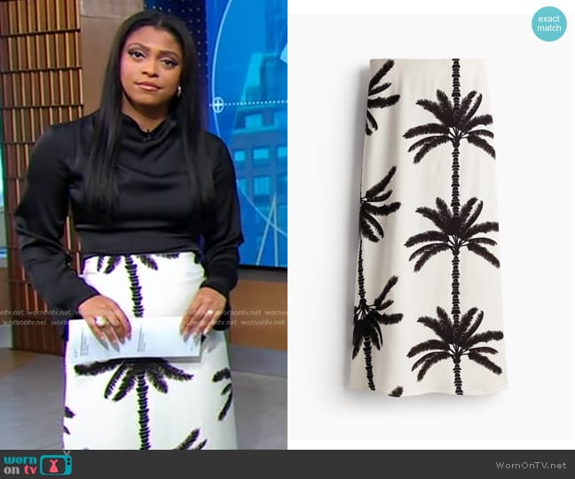 H&M Long Skirt in Cream/Palm trees worn by Morgan Norwood on Good Morning America