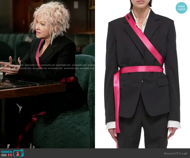 Helmut Lang Seat Belt Virgin Wool Blazer in Black/ Fuschia worn by Cyndi Lauper on Good Morning America