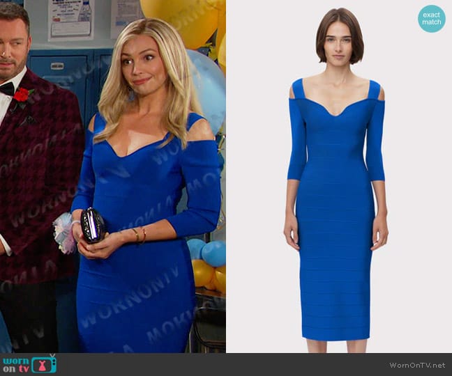 Herve Leger Notched Bateau Midi Dress in Bright Blue worn by Theresa Donovan (Emily O'Brien) on Days of our Lives