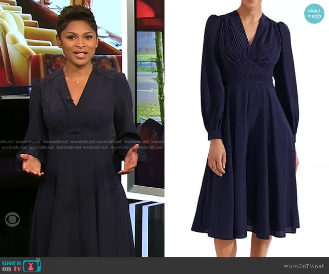 Hobbs Adrianna Dress in Midnight Navy worn by Jericka Duncan on CBS Evening News