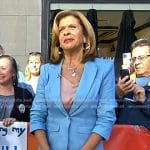 Hoda’s blue ruched sleeve blazer and pant suit on Today