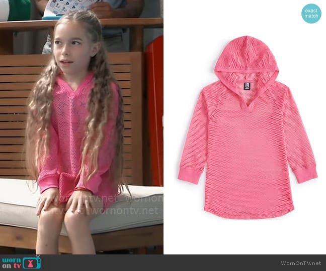 ID Ideology Mesh Long-Sleeve Hooded Cover-Up in Cerise Pink worn by Violet Finn (Jophielle Love) on General Hospital