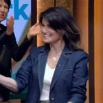 Idina Menzel’s denim ruched sleeve blazer on Live with Kelly and Mark