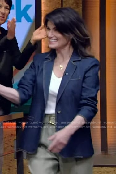 Idina Menzel’s denim ruched sleeve blazer on Live with Kelly and Mark