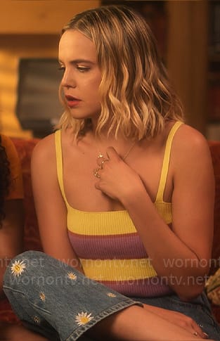 Imogen's yellow and purple striped top with daisy embroidered jeans on Pretty Little Liars Original Sin