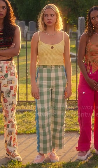 Imogen's yellow keyhole top and green checked pants on Pretty Little Liars Original Sin