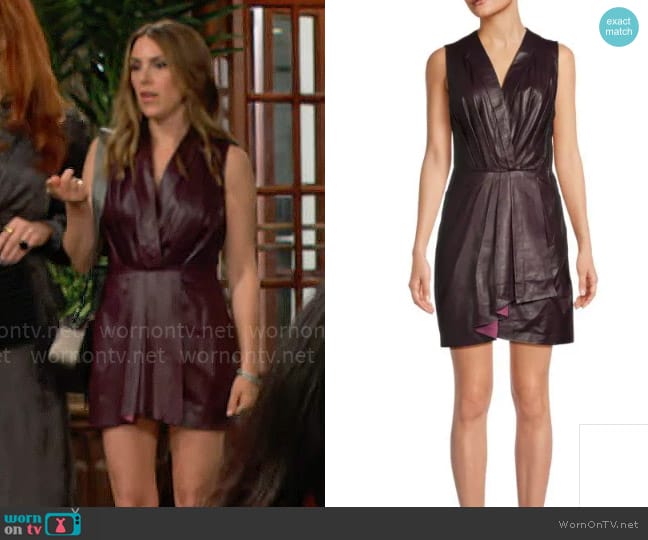 IRO Maya Pleated Leather Mini Faux Wrap Dress in Berry worn by Chloe Mitchell (Elizabeth Hendrickson) on The Young and the Restless