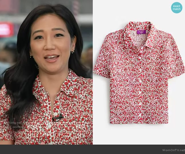 J. Crew Smocked button-up shirt in Liberty Eliza's red facbric worn by Kathy Park on Today