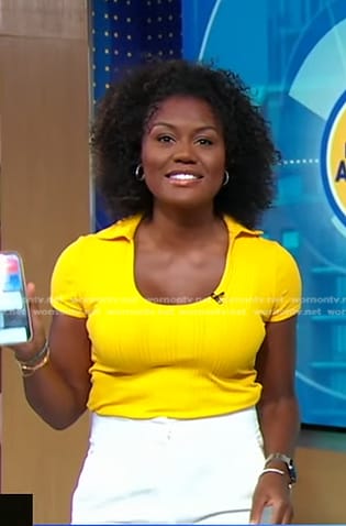 Janai's yellow ribbed scoop neck polo top on Good Morning America