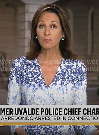 Janet Shamlian’s blue print wrap dress on CBS Mornings