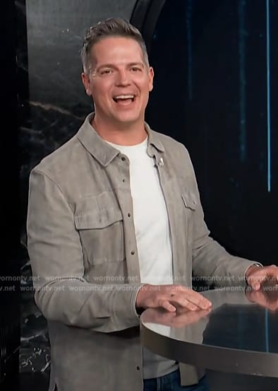 Jason’s gray suede jacket on E! News