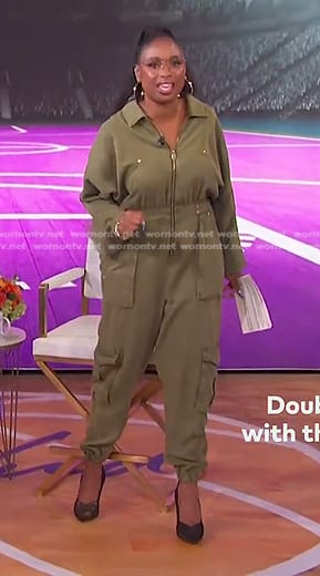 Jennifer’s khaki green utility jumpsuit on The Jennifer Hudson Show