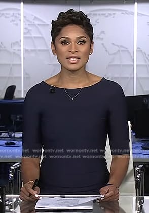 Jericka's navy elbow sleeve dress on CBS Evening News