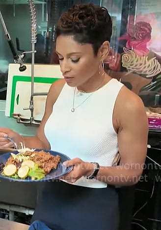 Jericka Duncan's white and black sleeveless jumpsuit on CBS Mornings