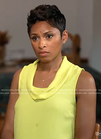 Jericka's yellow cowl neck sleeveless top on CBS Evening News