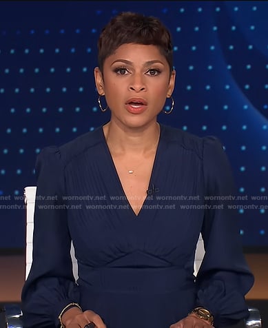 Jericka's navy pleated v-neck dress on CBS Evening News