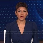 Jericka’s navy pleated v-neck dress on CBS Evening News