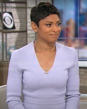 Jericka Duncan's lavender v-neck dress on CBS Mornings