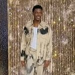 Jerrod Carmichael’s tie dye denim shirt and pants on Tamron Hall Show