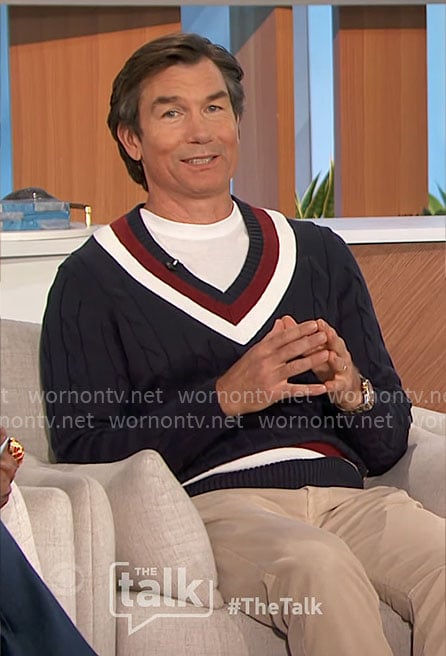 Jerry's navy sweater with striped trim on The Talk