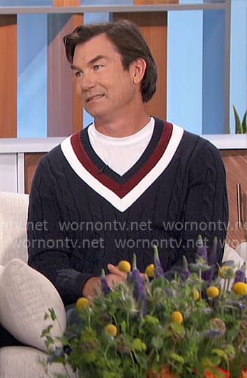 Jerry’s navy sweater with striped trim on The Talk