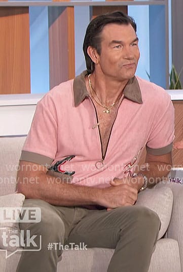 Jerry's pink zip polo shirt with animal embroidery on The Talk