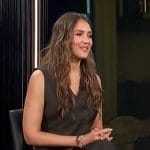 Jessica Alba’s brown pinstripe vest and pants on E! News