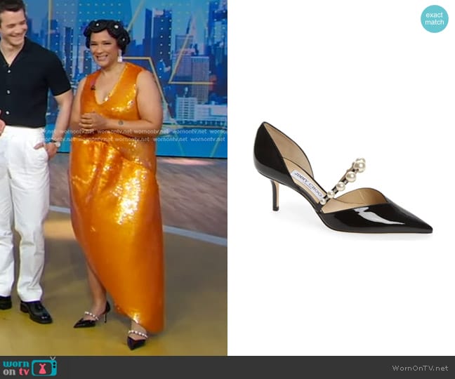 Jimmy Choo Aurelie Imitation Pearl Strap Pointed Toe Pump worn by Golda Rosheuvel on Good Morning America