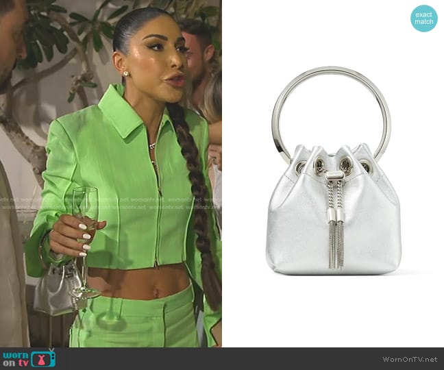 Jimmy Choo Bon Bon micro bucket bag worn by Taleen Marie (Taleen Marie) on The Real Housewives of Dubai