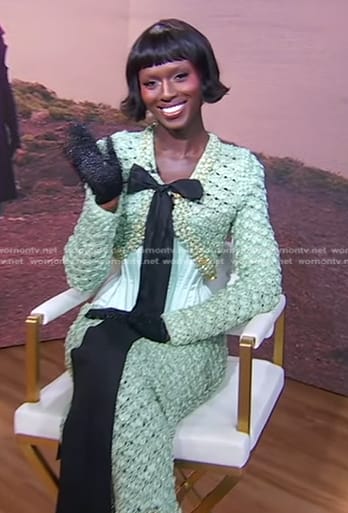 Jodie Turner-Smith's green tie neck crochet dress on Good Morning America