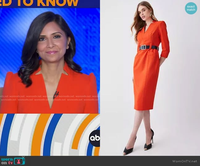 Karen Millen Forever Belted Midi Pencil Dress in Orange worn by Zohreen Shah on Good Morning America