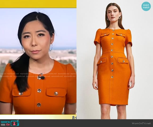 Karen Millen Tailored Short Sleeve Utility Pencil Midi Dress in Orange worn by Selina Wang on Good Morning America